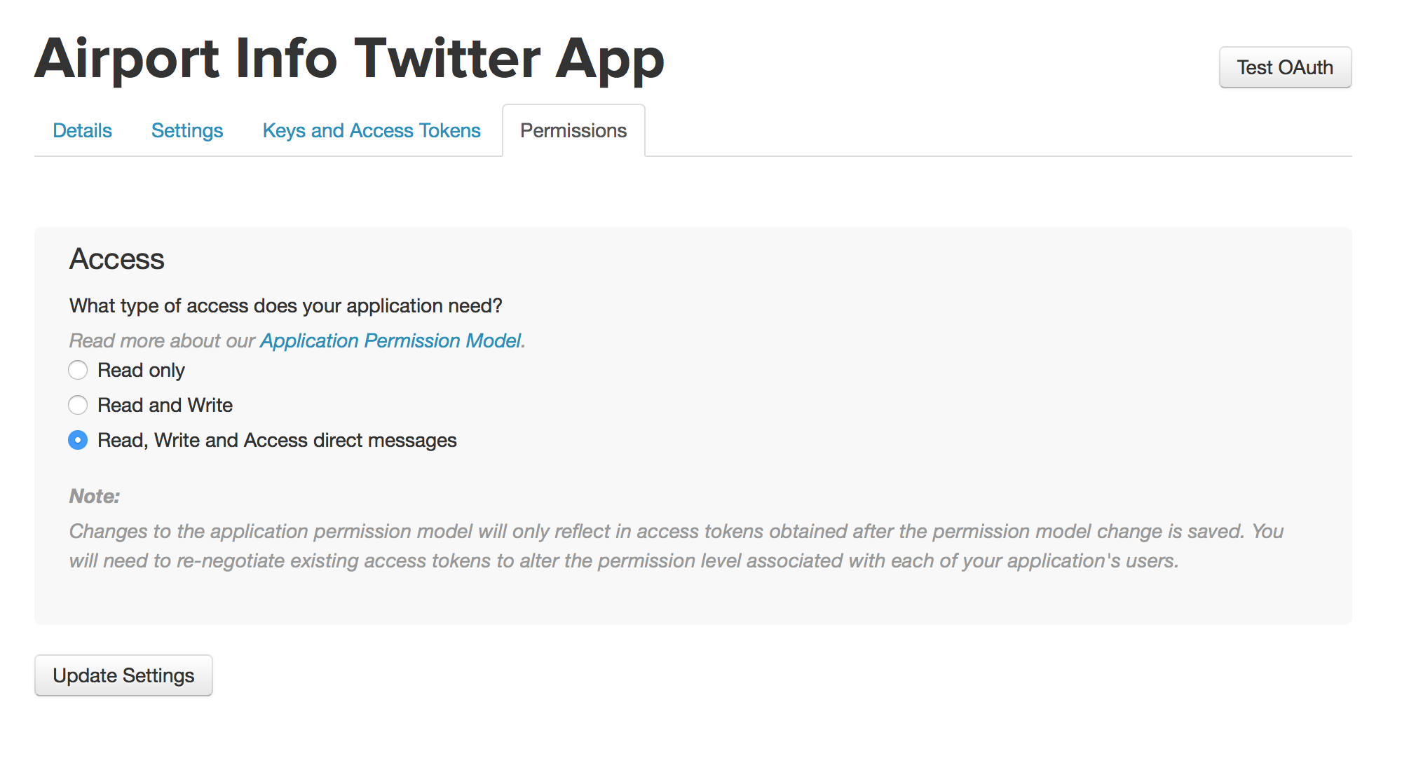 Twitter app permissions