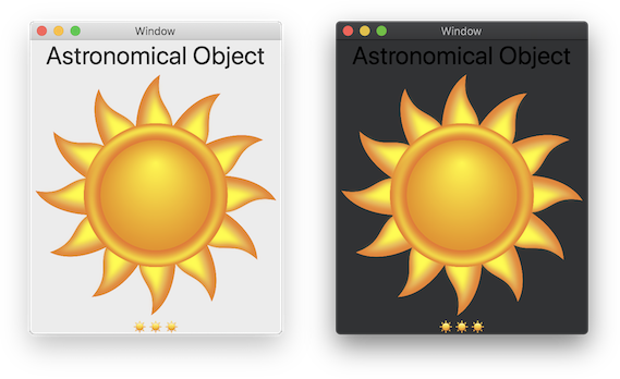 Sample Astronomical app in light mode and Broken Astronomical app in dark mode