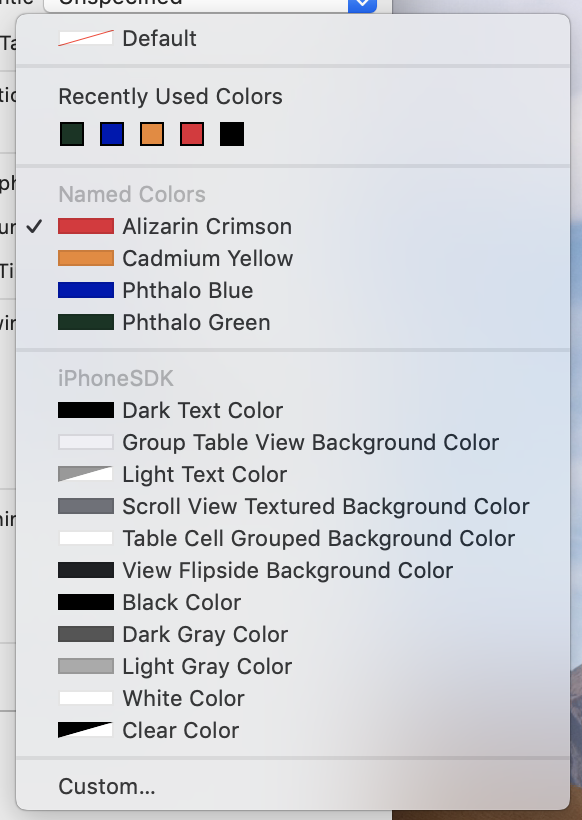Our named colors in Interface Builder.
